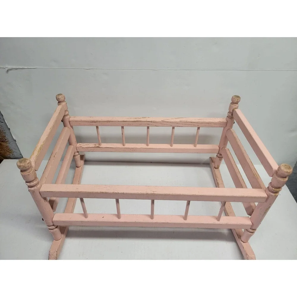Vintage Pink Wooden Doll Cradle Rocking Bed‎ Spindle Nursery Decor 18 Inch